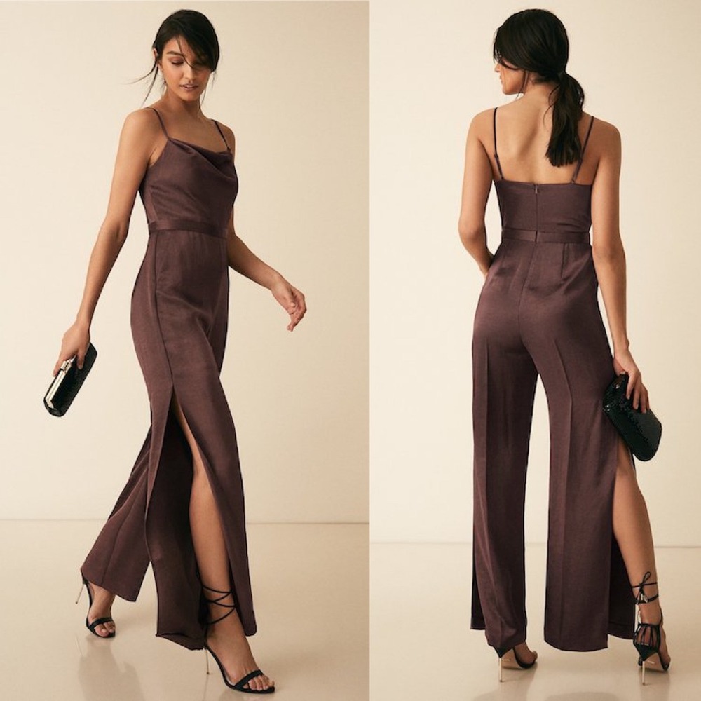 Reiss Chocolate Brown Satin Jumpsuit with Side Slits